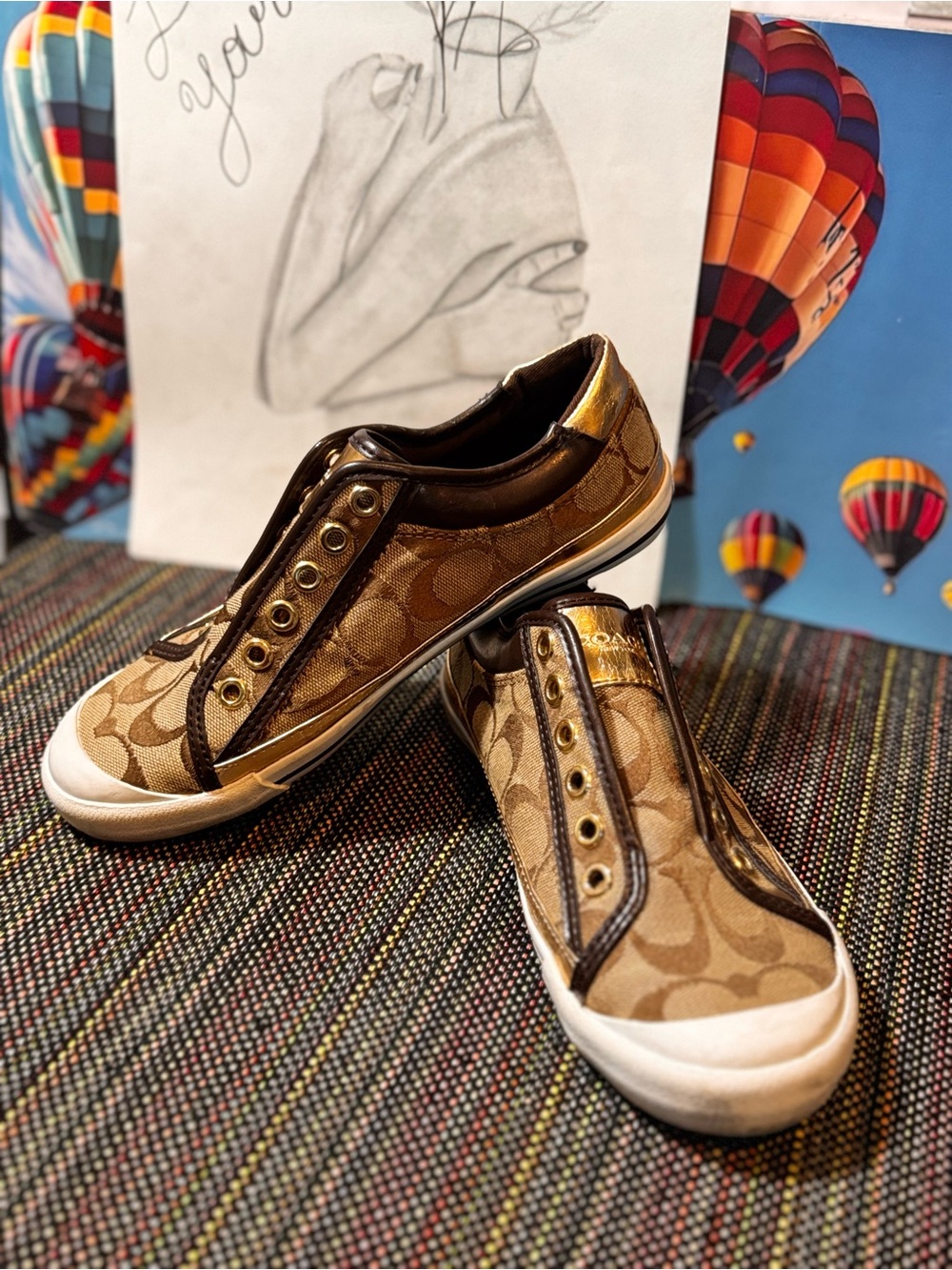 Coach Brown and Gold Signature Canvas Slip-On Sneakers